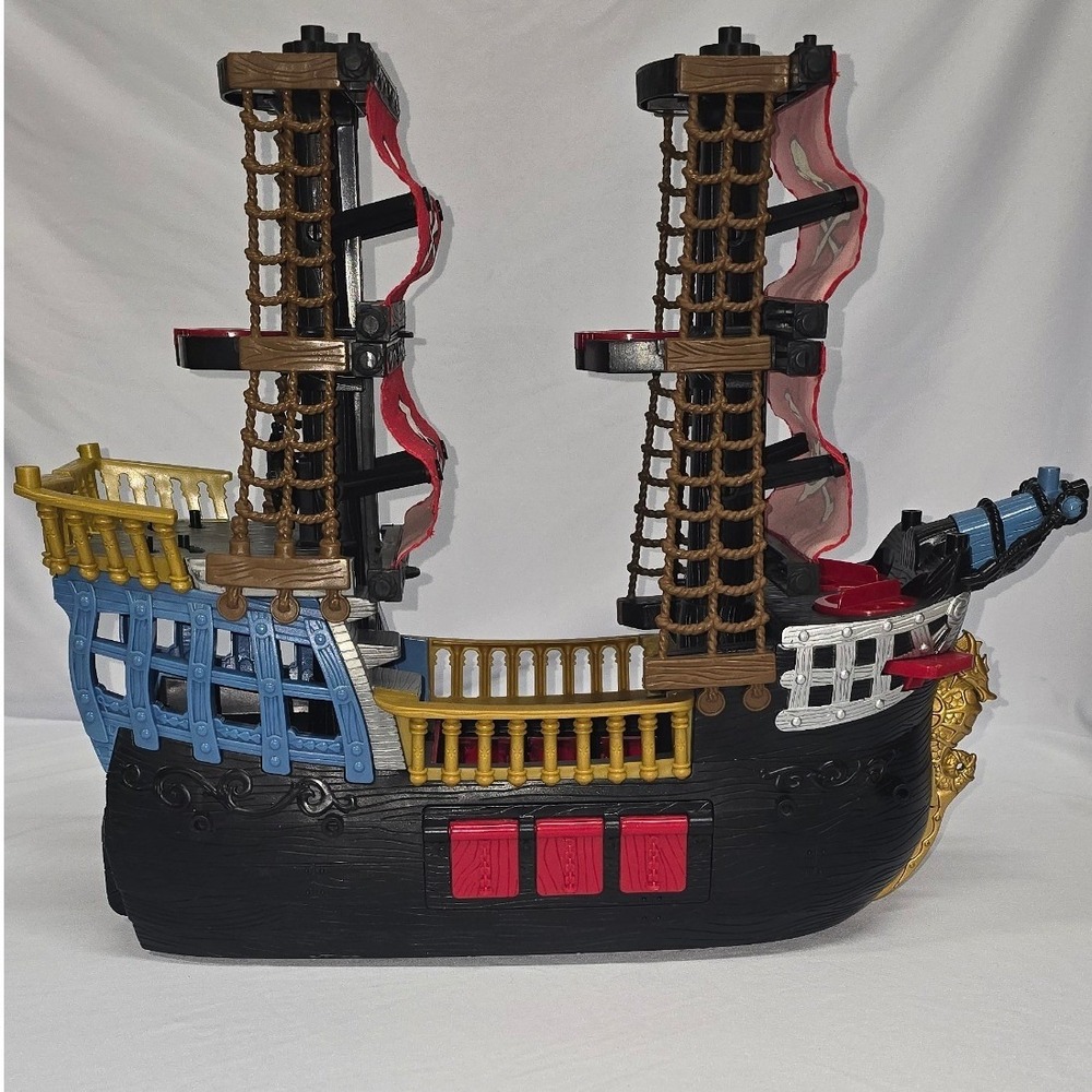 Fisher Price Imaginext Pirate Ship Toy Black Red Skull Sails‎ Cannon Anchor